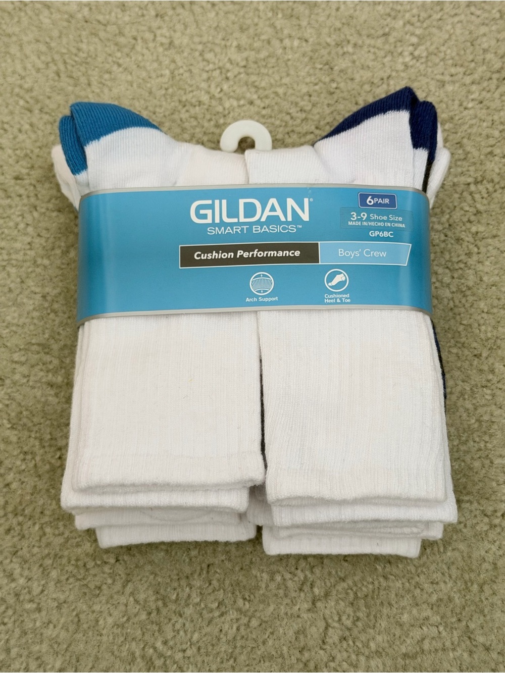 Gildan Boys' Crew Cushion Performance Socks - White with Blue Accents